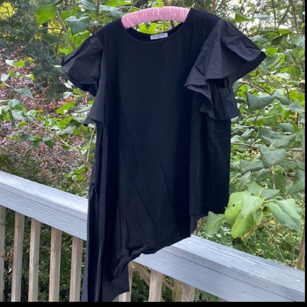 Closette Chic Black Top w Ruffled Sleeves & Cascading Hem Side Sash Size L